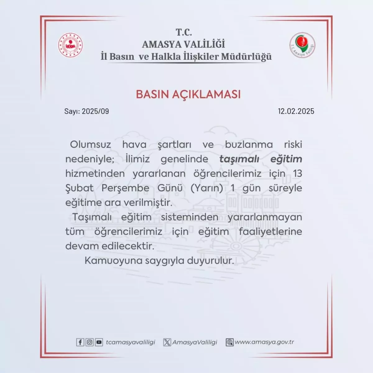 Amasya’da Olumsuz Hava Şartları Nedeniyle Taşımalı Eğitime Ara Verildi